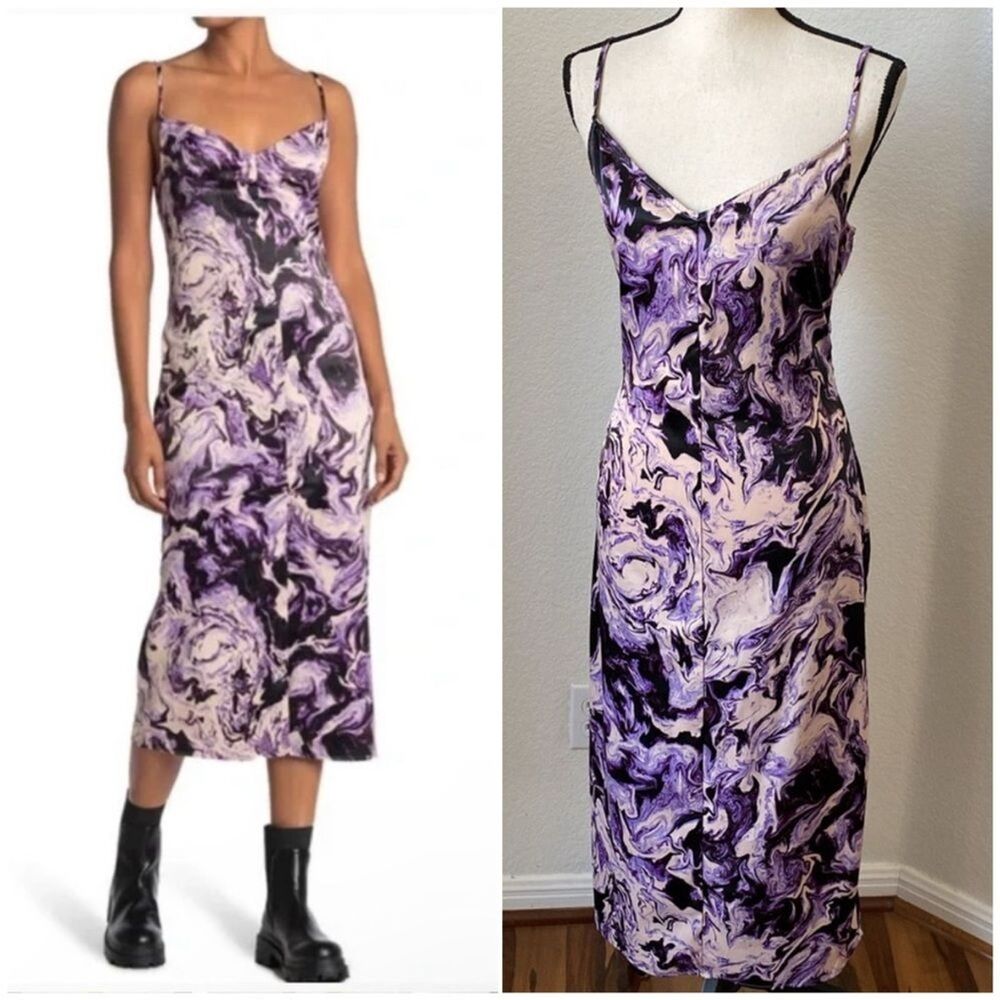 AFRM Katica Purple Marble Satin Spaghetti Straps Slip Midi Dress Size Large